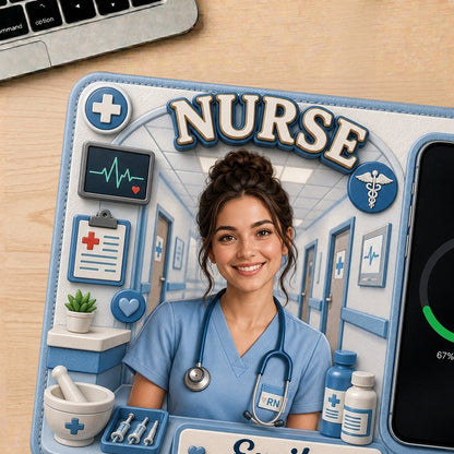 Personalized Nurse Custom Photo Wireless Charging Mat – Custom Name PU Leather Desk Mat, Nurse Gift