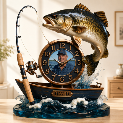 Personalized Photo Fishing Boat Wall Clock – Custom Fisherman Portrait Clock, Gift For Fishing Lovers