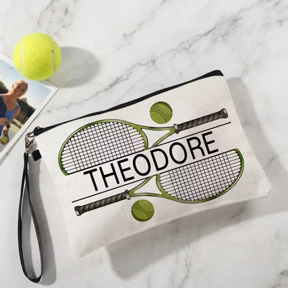 Personalised Tennis Theme Makeup Storage Bag with Name and Wrist Strap Travel Essentials Birthday Gift for Tennis Lovers