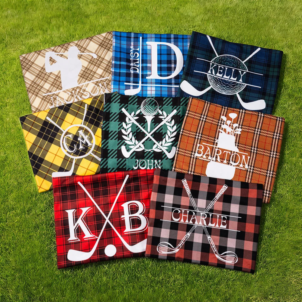 Personalized Golf Club Wreath Plaid Golf Cart Seat Cover with Name and Initial Golf Course Gear Birthday Daily Use Gift for Golf Player Lover