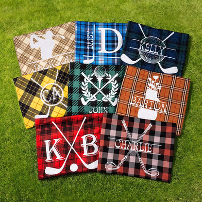 Personalized Golf Club Wreath Plaid Golf Cart Seat Cover with Name and Initial Golf Course Gear Birthday Daily Use Gift for Golf Player Lover