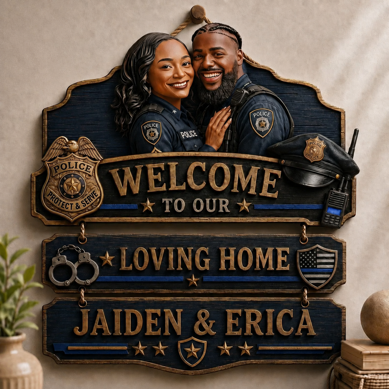 Personalized Police Welcome To Our Loving Home Pallet Wood Sign – Custom Photo Rustic Wall Decor