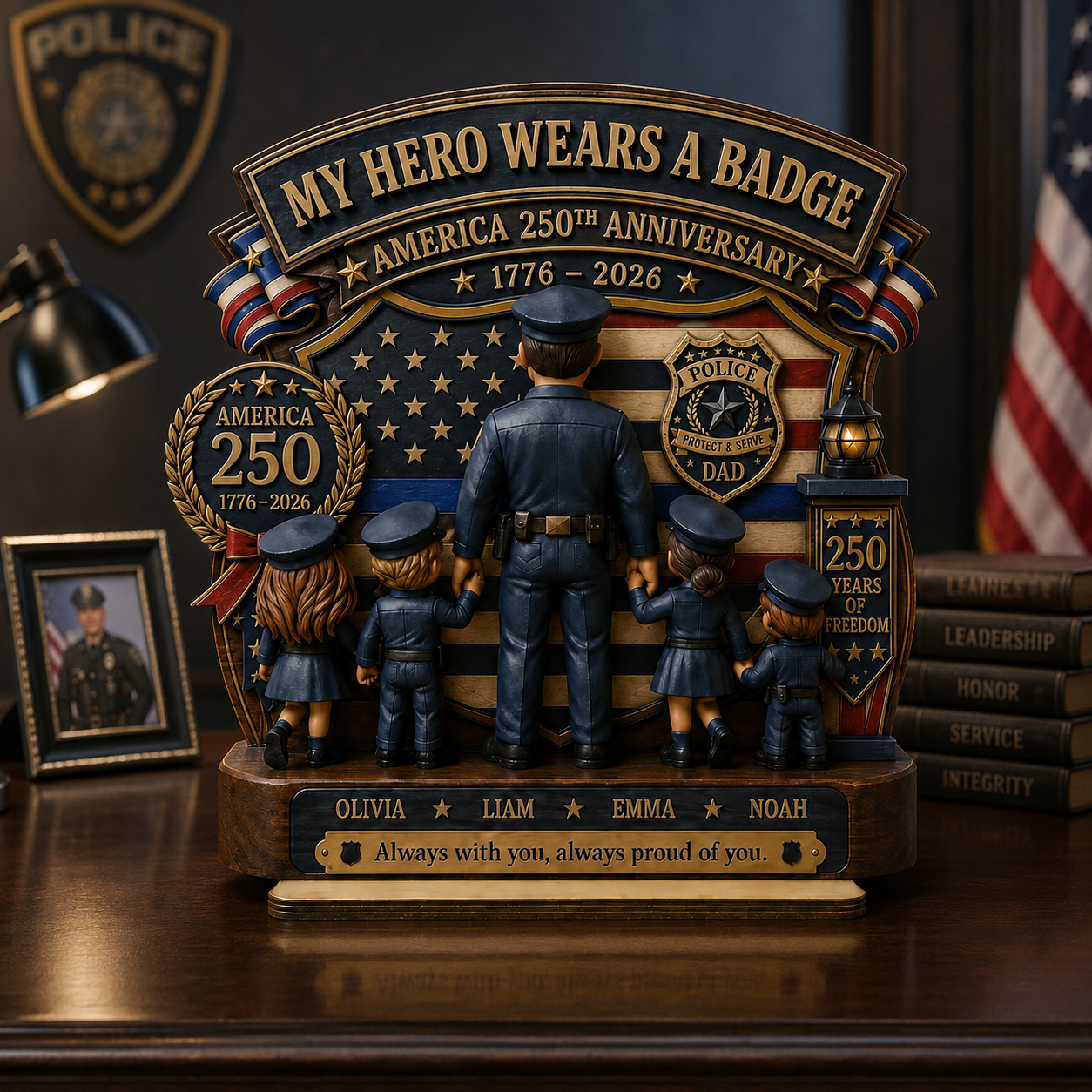 Personalized Police Dad America 250th Anniversary Family Keepsake, Custom Police Officer Dad With Kids, My Hero Wears A Badge Patriotic Gift 1776–2026
