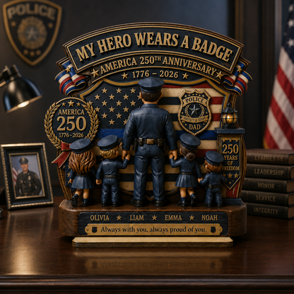 Personalized Police Dad America 250th Anniversary Family Keepsake, Custom Police Officer Dad With Kids, My Hero Wears A Badge Patriotic Gift 1776–2026