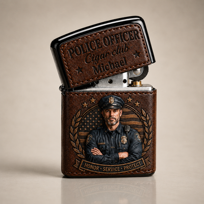 Personalized Police Officer Leather Flip-Top Lighter – Custom Name Honor Service Protect Gift For Him