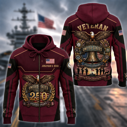 Personalized U.S. Veteran 250th Anniversary Zip Hoodie, Custom Name Military Hoodie, Patriotic United States 1776–2026 Veteran Gift
