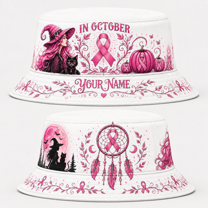 Personalized In October We Wear Pink Witch Bucket Hat – Breast Cancer Awareness Halloween Hat