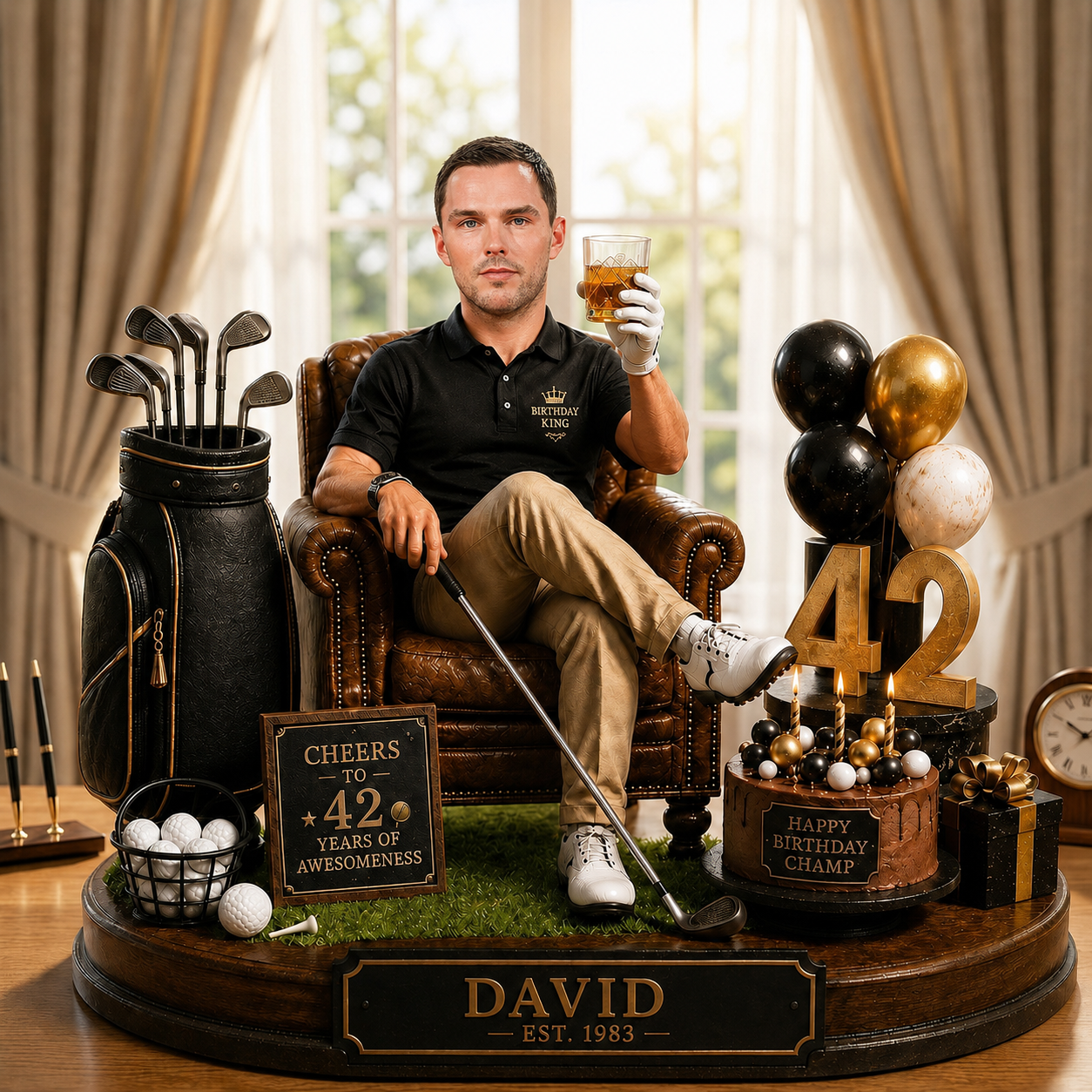 Custom Golf Birthday King Figurine – Personalized Face, Name & Year – 3D Golf Lover Birthday Keepsake Gift For Dad, Husband, Grandpa