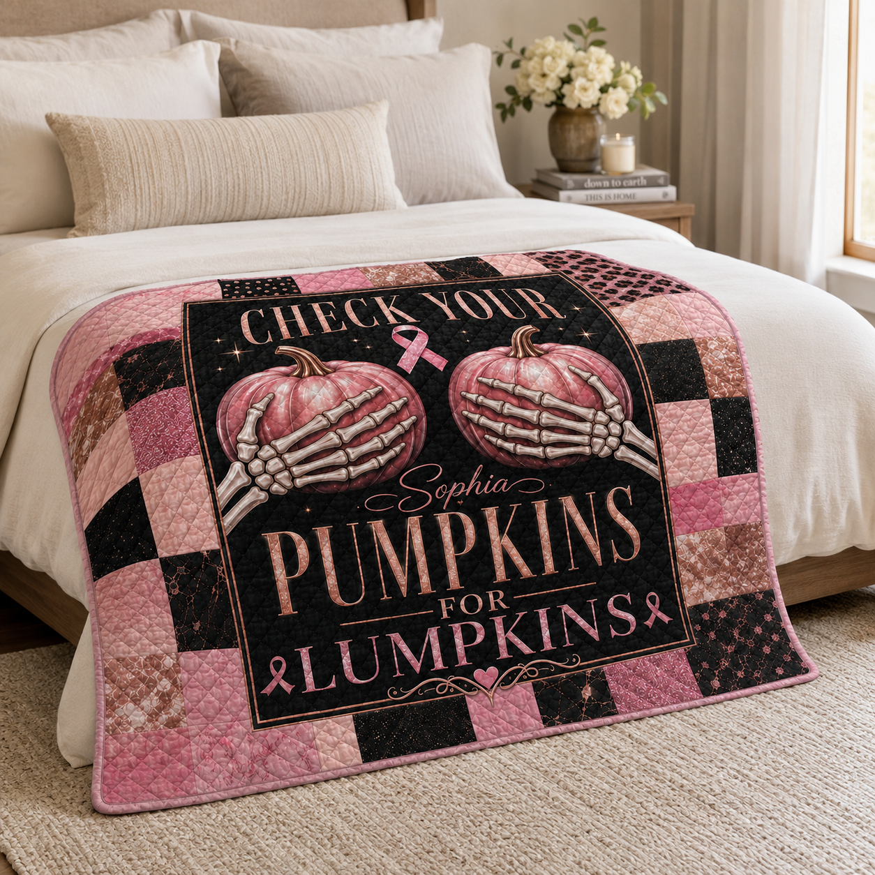 Custom Check Your Pumpkins Quilt Breast Cancer