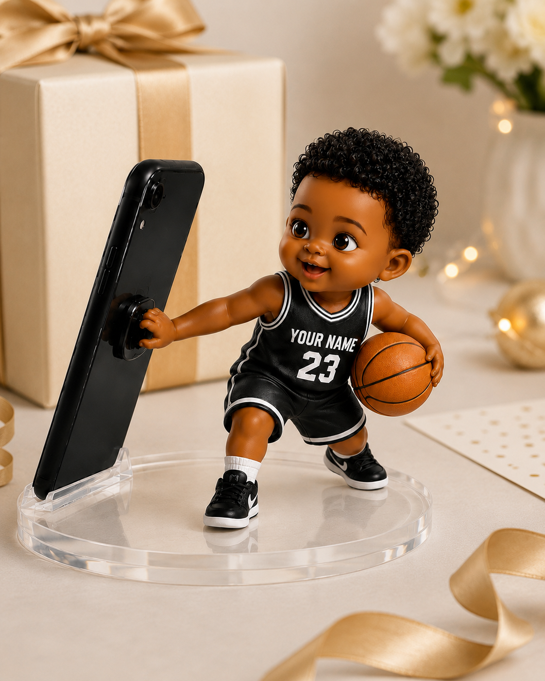 Personalized Basketball Player Phone/Tablet Holder Stand, Custom Face Basketball Mini Figure, Custom Name & Number Jersey, Basketball Gift For Kids & Adults