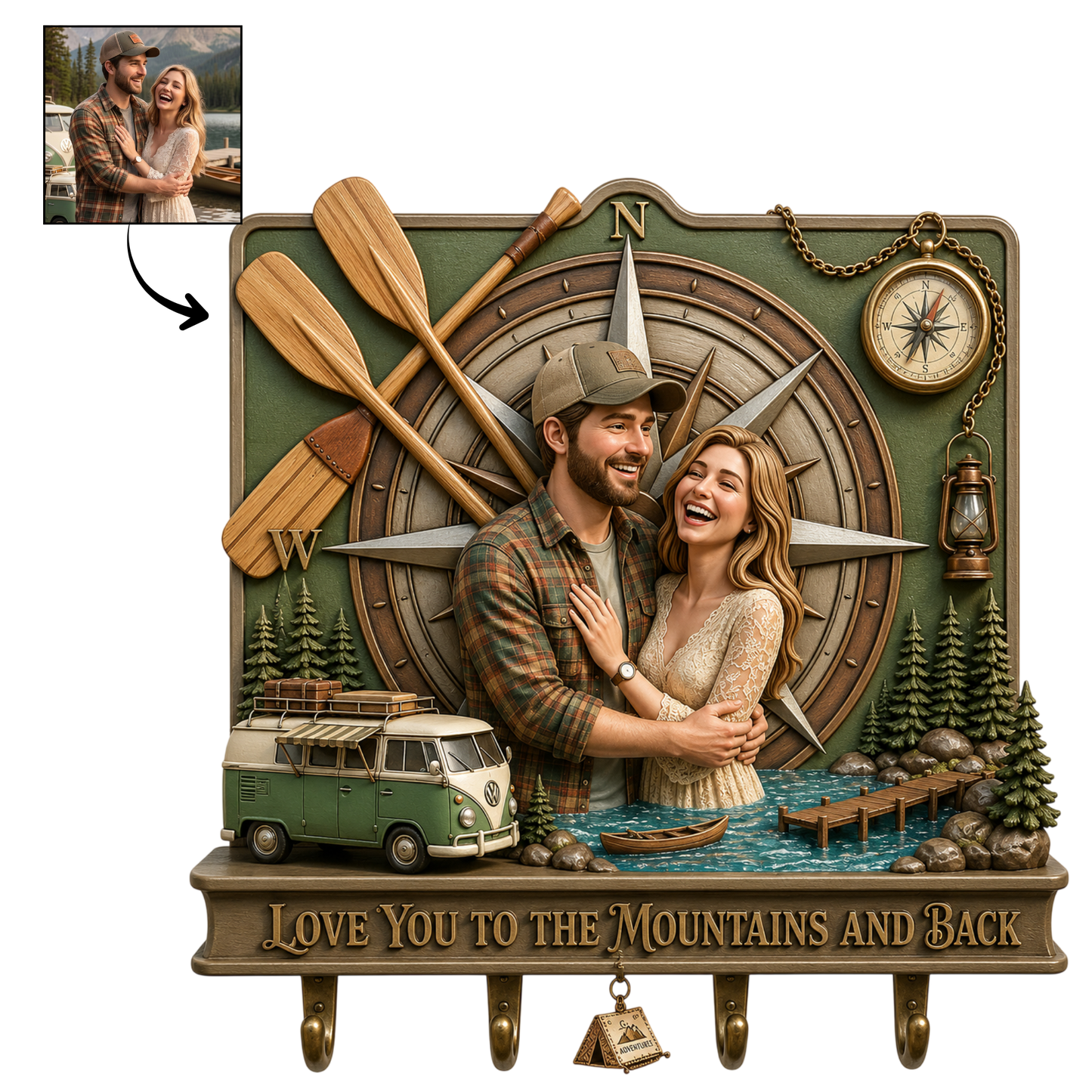Love You To The Mountains And Back - Personalized Camping Couple Custom Shaped Hanging Rack | Adventure Lovers Gift