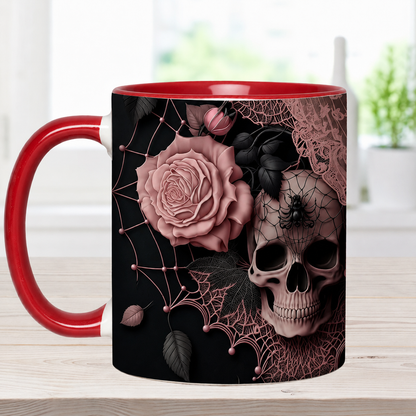 Personalized Gothic Skull Mug with Custom Name, Dark Aesthetic Pink Rose Coffee Cup, Spooky Goth Gift for Her, 11oz 15oz Accent Mug