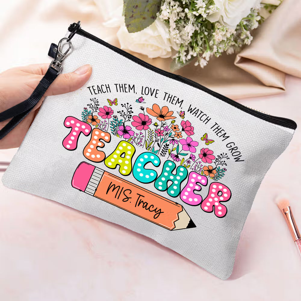 Personalized Colourful Letters Floral Book Pencil Linen Wristlet Makeup Bag with Name Appreciation Back to School Gift for Teacher
