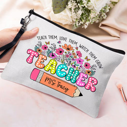 Personalized Colourful Letters Floral Book Pencil Linen Wristlet Makeup Bag with Name Appreciation Back to School Gift for Teacher