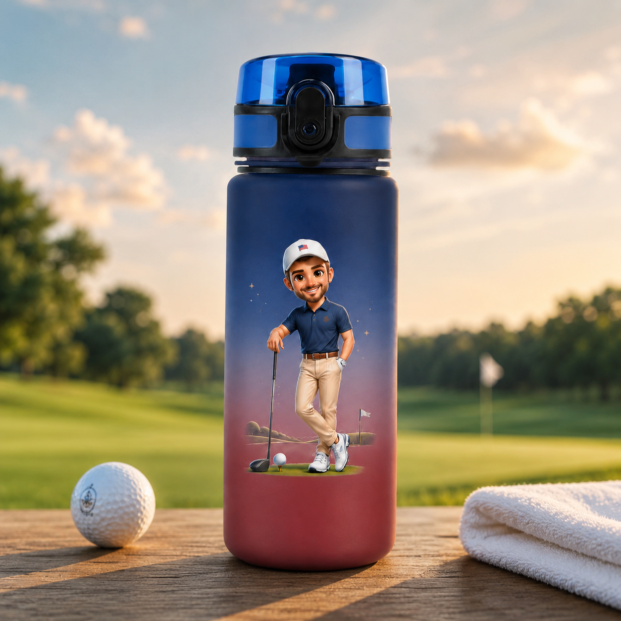 Personalized Cartoon Golf Character Name Gradient Sports Water Bottle with Flip Top Lid and Strap Birthday Gift for Golf Lovers