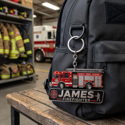 Personalized Firefighter Keychain, Custom Name Fire Truck Keychain, Firefighter Gift for Dad, Husband, Brother & Fireman