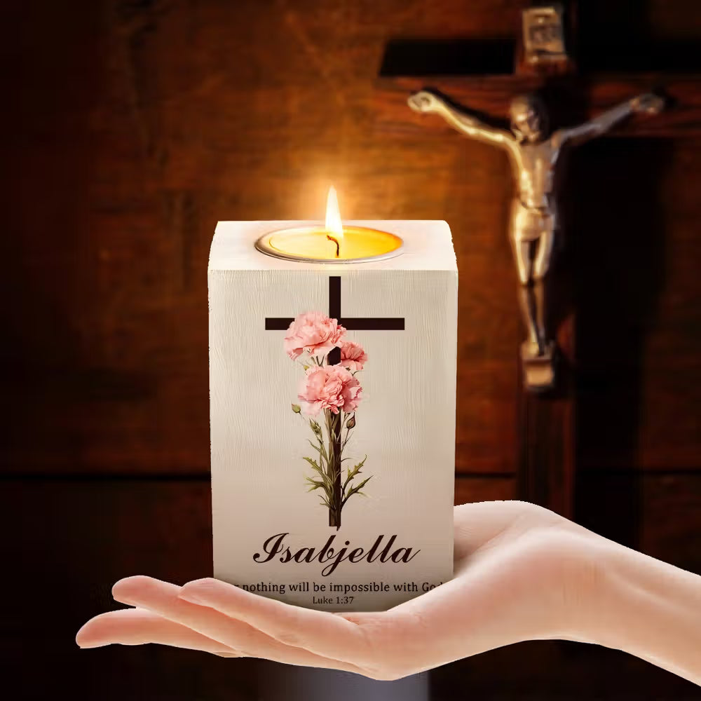 Personalized Birth Flower Cross Bible Verse Wooden Candle Holder with Name Birthday Baptism Gift for Christians