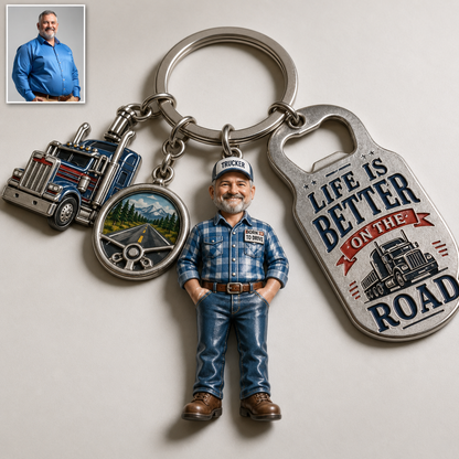Personalized Trucker Acrylic Keychain – Custom Photo Driver Charm With Truck & Road Charms