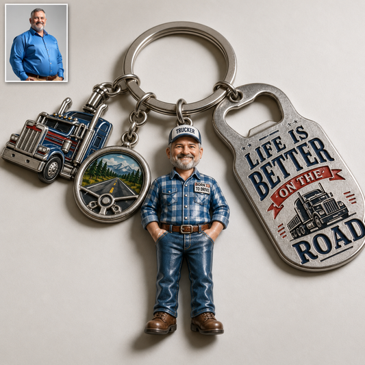 Personalized Trucker Acrylic Keychain – Custom Photo Driver Charm With Truck & Road Charms