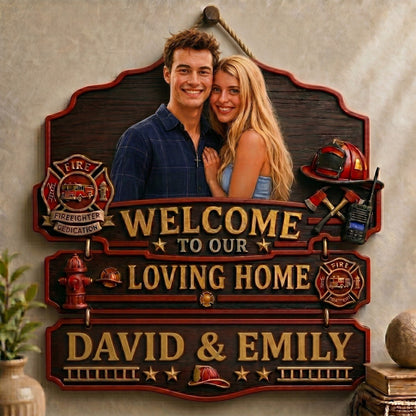 Personalized Firefighter Welcome To Our Loving Home Pallet Wood Sign – Custom Photo Rustic Wall Decor