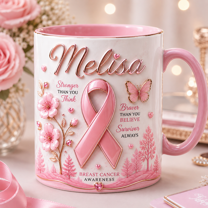 Personalized Breast Cancer Awareness Mug – Stronger, Braver, Survivor Gift