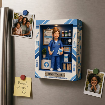 Personalized Nurse Shadow Box Fridge Magnet – Custom Photo Medical Keepsake Gift