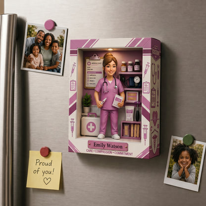 Personalized Nurse Shadow Box Fridge Magnet – Custom Photo Medical Keepsake Gift