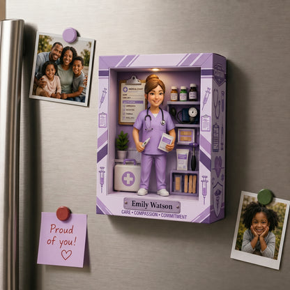 Personalized Nurse Shadow Box Fridge Magnet – Custom Photo Medical Keepsake Gift