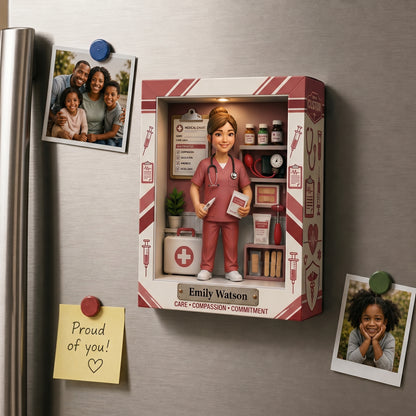 Personalized Nurse Shadow Box Fridge Magnet – Custom Photo Medical Keepsake Gift
