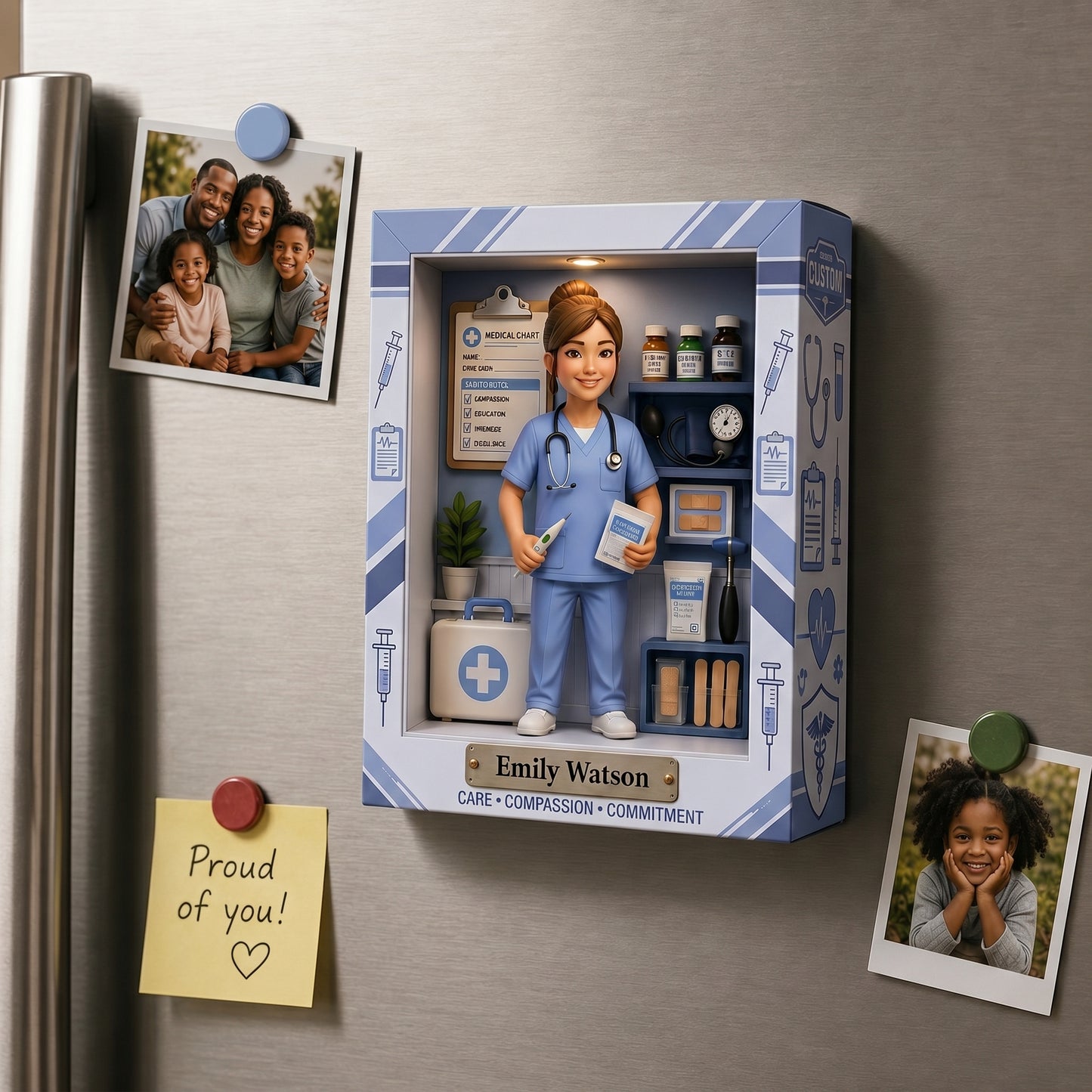 Personalized Nurse Shadow Box Fridge Magnet – Custom Photo Medical Keepsake Gift