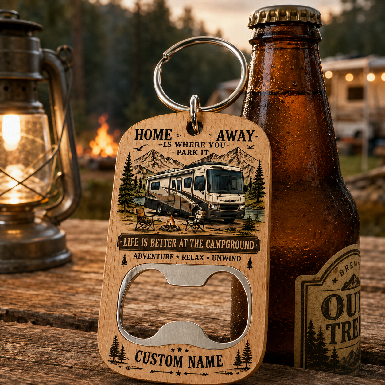 Personalized RV Bottle Opener Keychain – Custom Name Wooden Camping Keychain – Home Is Where You Park It Gift for RV Lovers, Campers & Travelers