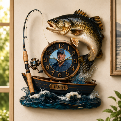 Personalized Photo Fishing Boat Wall Clock – Custom Fisherman Portrait Clock, Gift For Fishing Lovers