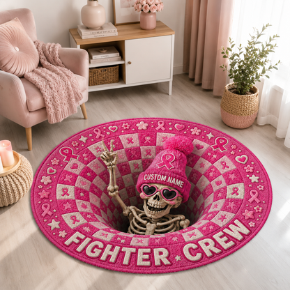 Personalized Pink Ribbon Fighter Crew Skeleton Round Rug – Custom Name Breast Cancer Awareness Home Decor