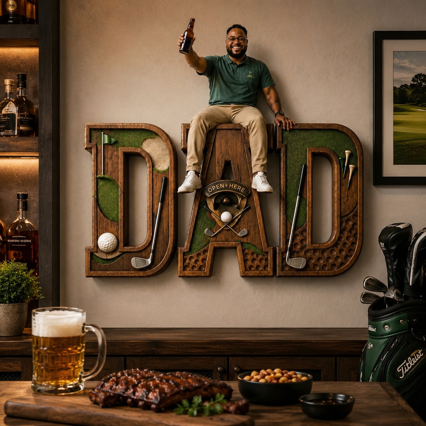 Personalized Golf Dad Wall Bottle Opener – Custom Wooden Golf Home Bar Decor Gift For Dad