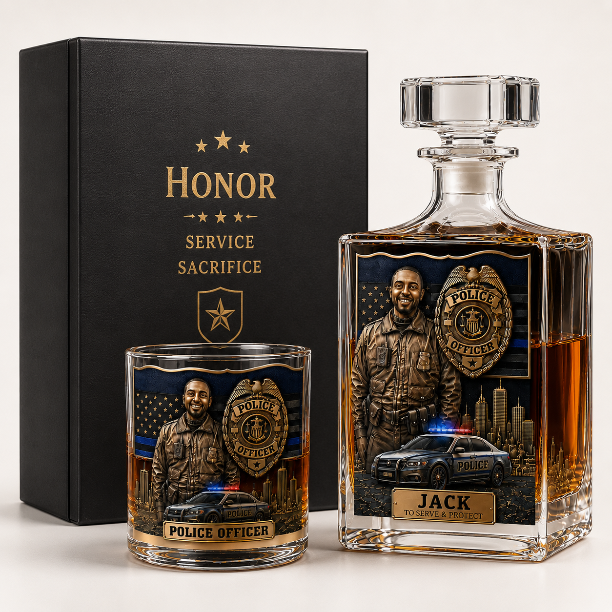 Personalized Police Officer Whiskey Decanter & Glass Set – Custom Photo Thin Blue Line Gift For Police Officer