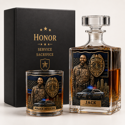Personalized Police Officer Whiskey Decanter & Glass Set – Custom Photo Thin Blue Line Gift For Police Officer