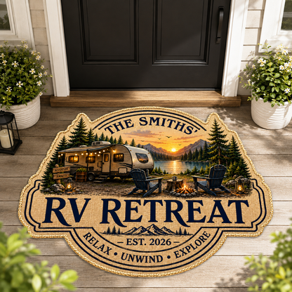Personalized RV Retreat Custom-Shaped Doormat – Family Name Camper Welcome Mat, Camping Gift for RV Lovers