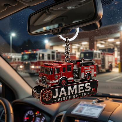 Personalized Firefighter Keychain, Custom Name Fire Truck Keychain, Firefighter Gift for Dad, Husband, Brother & Fireman