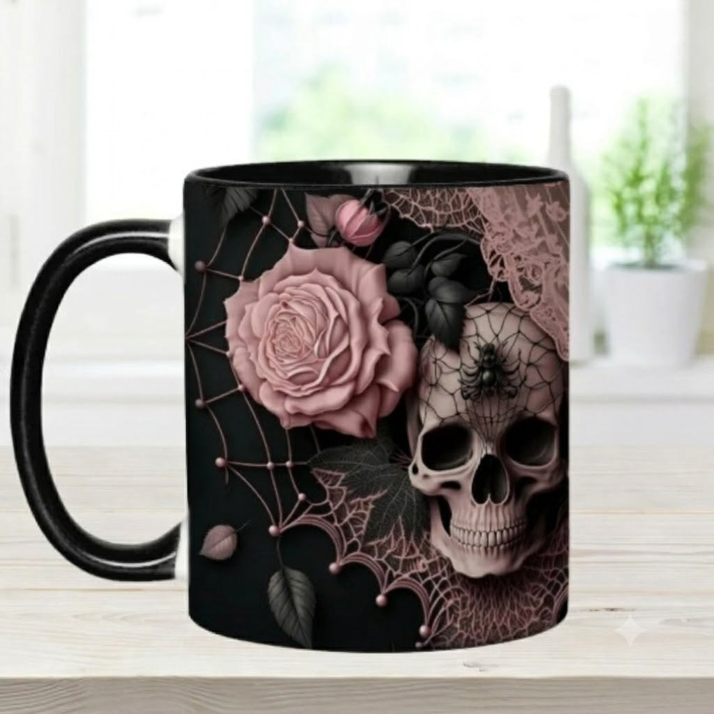 Personalized Gothic Skull Mug with Custom Name, Dark Aesthetic Pink Rose Coffee Cup, Spooky Goth Gift for Her, 11oz 15oz Accent Mug