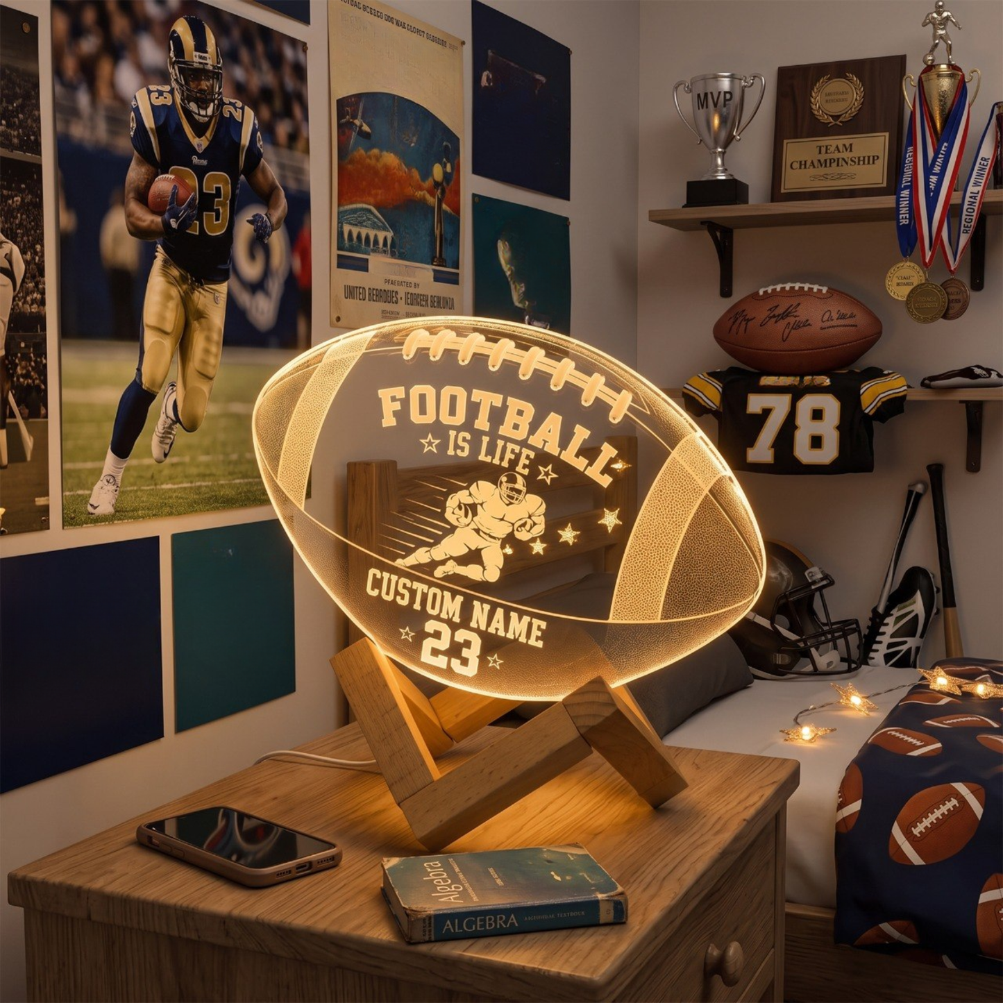 Personalized Football 3D LED Night Light – Custom Name & Number Sports Lamp with Wooden Base, Gift for Football Players & Fans