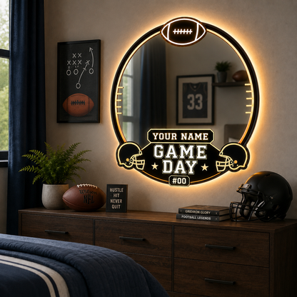 Personalized American Football Game Day LED Mirror – Custom Name & Number Sports Wall Decor