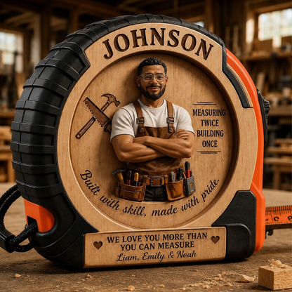 Personalized Carpenter Tape Measure for Dad – Custom Name & Photo Wooden Measuring Tape Gift