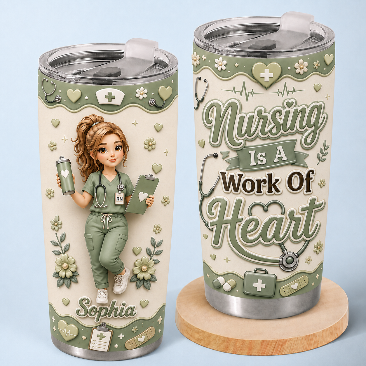 Personalized Nurse Tumbler – Nursing Is A Work Of Heart Custom Name 20oz Stainless Steel Cup