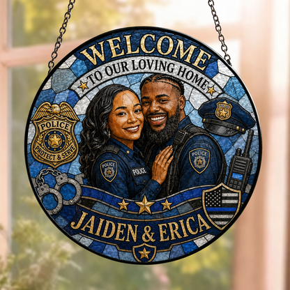 Personalized Police Couple Suncatcher, Custom Photo Acrylic Welcome Sign, Law Enforcement Family Gift