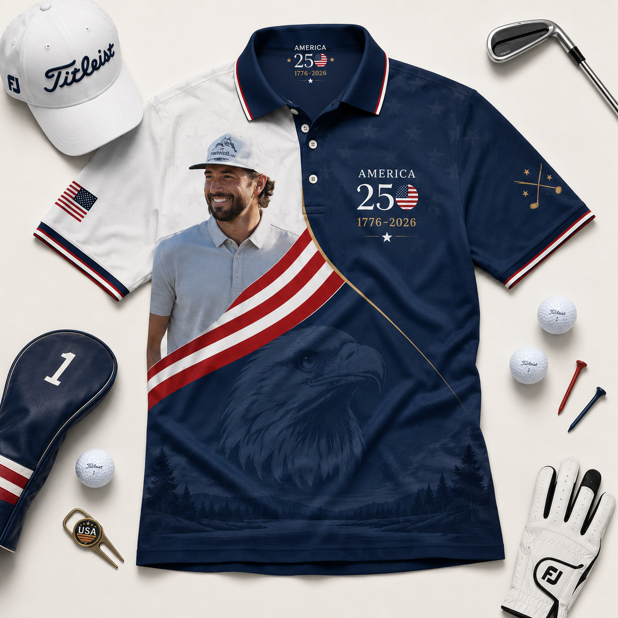 Personalized America 250th Anniversary Patriotic Golfer Polo Shirt
