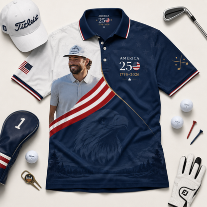 Personalized America 250th Anniversary Patriotic Golfer Polo Shirt