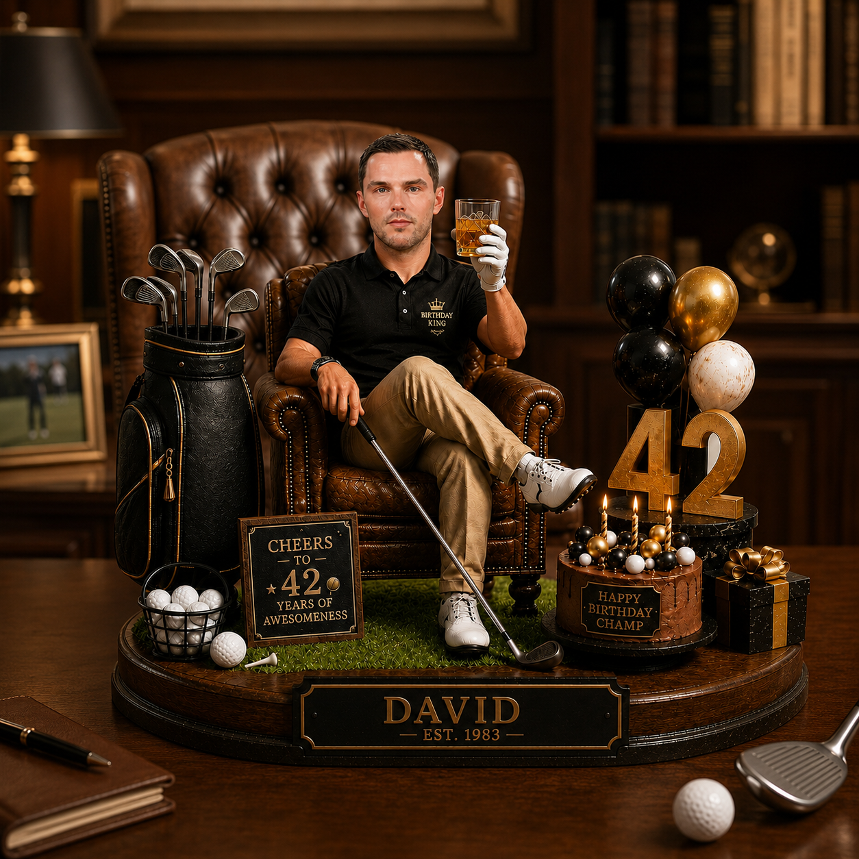 Custom Golf Birthday King Figurine – Personalized Face, Name & Year – 3D Golf Lover Birthday Keepsake Gift For Dad, Husband, Grandpa