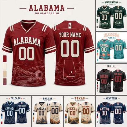 Personalized City State Football Jersey – Custom Name & Number All-Over Print Hybrid Mesh Jersey