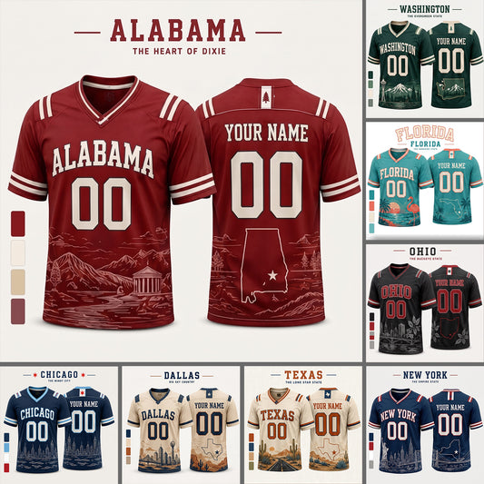 Personalized City State Football Jersey – Custom Name & Number All-Over Print Hybrid Mesh Jersey