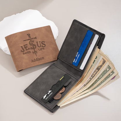 Personalised Jesus Saved My Life Cross PU Leather Men's Wallet with Name Daily Use Baptism Confirmation Gift for Husband Dad